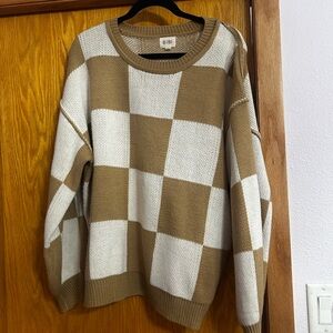 BiBi Women's Checkered Crew Neck Sweater - Tan and White